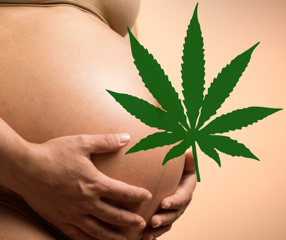 Une image de feuille de cannabis sur le bedon de personne enceinte 